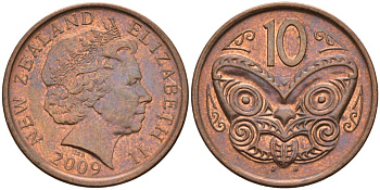 Новая Зеландия 10 центов 2009 маска Маори, Елизавета II (1952-) KM 117а сталь плакированная медью 4179-945