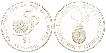 Аргентина 1 песо 1995 50 лет ООН, тираж 500 экземпляров KM 126 серебро PROOF 00-903-06