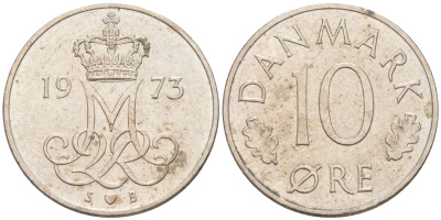 ДАНИЯ 10 ЭРЕ 1973 S; B, МАРГРЕТЕ II (1972-) KM 860.1 медно-никель 105-745