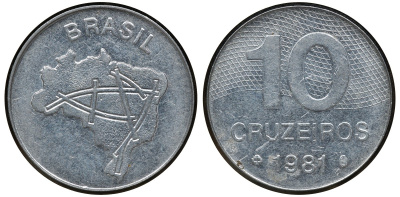 БРАЗИЛИЯ 10 КРУЗЕЙРО 1981 KM 593.1 сталь aUNC 72-1436
