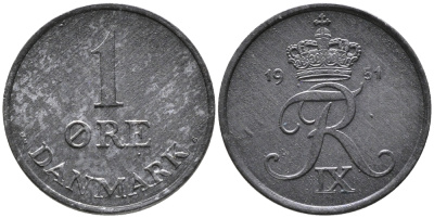 Дания 1 эре 1951 N; S, Фредерик IX (1947-1972) KM 839.1 цинк 100-655