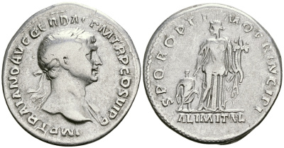 Римская Империя денарий 112 - 114 Траян SPQR OPTIMO PRINCIPI ALIM ITAL Абунданция, персонификация Изобилия, слева ребенок Рим Very fine RIC 243 серебро 1073-4-2-2