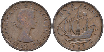 Великобритания 1/2 пенни 1959 Елизавета II (1952-2022) KM 896, Spink 4158 бронза 4592-414