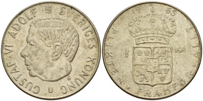 Швеция 1 крона 1965 U, Густав VI Адольф (1950-1973) KM 826 серебро 4601-1131