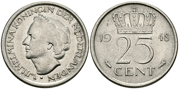 НИДЕРЛАНДЫ 25 ЦЕНТОВ 1948 ВИЛЬГЕЛЬМИНА KM 178 никель 96-111