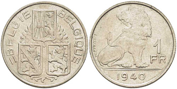 БЕЛЬГИЯ 1 ФРАНК 1940 BELGIE-BELGIQUE, ЛЕОПОЛЬД III (1934-1950) KM 120 никель 202-1137