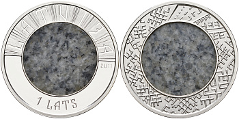 Латвия 1 лат 2011 монета с камнем (гранит), тираж 7000 экземпляров KM 126 серебро PROOF 5-4-4-37