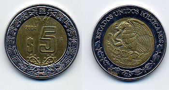 МЕКСИКА 5 ПЕСО 2004 KM 605 биметалл 57-141