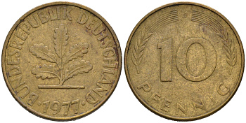 ФРГ 10 ПФЕННИГОВ 1977 J KM 108, J.383 сталь плакированная латунью 75-637