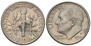 США 1 дайм = 10 центов 1990 P KM 195a медь плакированная медно-никелем 4580-816