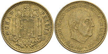 Испания 1 песета 1966 (75) Франсиско Франко (1939-1975) KM 796 алюминиевая бронза 4604-112