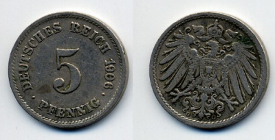 ГЕРМАНИЯ 5 ПФЕННИГОВ 1906 G, KM 11, J. 12 медно-никель 76-327