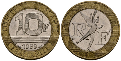 Франция 10 франков 1989 тип гений Бастилии KM 964.1, Le Franc 375.3 биметалл 4138-323