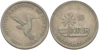 Куба 10 сентаво 1989 туристические деньги, INTUR, цифры номинала маленькие KM 415.2а медно-никель 67-1116