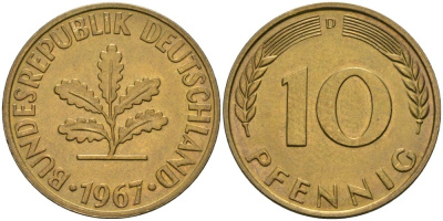 ФРГ 10 пфеннигов 1967 D KM 108, J.383 сталь плакированная латунью UNC 4579-222