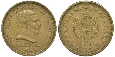 Уругвай 10 песо 1965 KM 48 алюминиевая бронза 4683-332