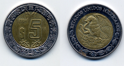 МЕКСИКА 5 ПЕСО 2004 KM 605 биметалл 57-141