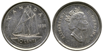 КАНАДА 10 ЦЕНТОВ 1998 ПАРУСНИК, ЕЛИЗАВЕТА II KM 183 никель 46-2141