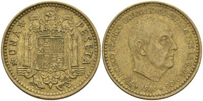 Испания 1 песета 1966 (75) Франсиско Франко (1939-1975) KM 796 алюминиевая бронза 4604-112