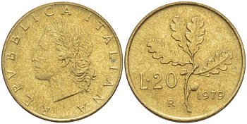 ИТАЛИЯ 20 ЛИР 1979 R, ДУБОВЫЕ ЛИСТЬЯ KM 97.2 алюминиевая бронза 4551-313