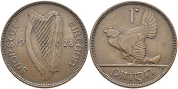 Ирландия 1 пенни 1928 курица с цыплятами KM 3 бронза 111-832