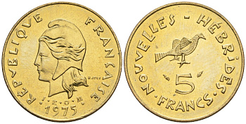Французские Новые Гебриды 5 франков 1975  KM 6.2 никель-латунь  UNC  4610-543