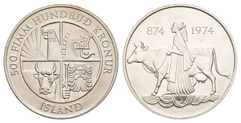 Исландия 500 крон 1974 1100 лет первым поселенцам KM 20 серебро BU 441-222
