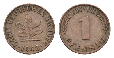 ФРГ 1 пфенниг 1948 F KM A101, J. 376 сталь плакированная бронзой 4651-518