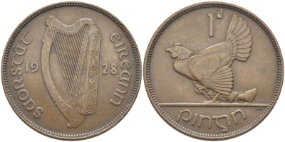 Ирландия 1 пенни 1928 курица с цыплятами KM 3 бронза 111-832