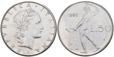 Италия 50 лир 1989 R, Бог огня Вулкан у наковальни KM 95.1 нержавеющая сталь 4529-351
