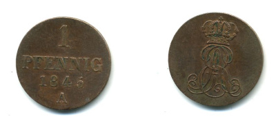 Ганновер 1 пфенниг 1845 A, Эрнст Август (1837-1851) KM 173.1, AKS 126, J. 54 медь 35-755