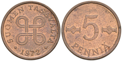 ФИНЛЯНДИЯ 5 ПЕННИ 1972 KM 45 медь 4549-968