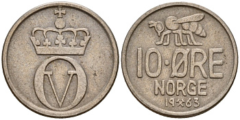 Норвегия 10 эре 1963 Улаф V (1958 - 1991) KM 411 медно-никель 4154-764