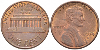 США 1 ЦЕНТ 1974 D, ЛИНКОЛЬН KM 201 медь цинк 105-1052
