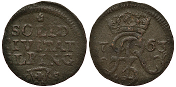 Польша, Эльблонг 1 солид (шеляг) 1763 FLS, Август III Польский (1733-1763), вес 0,47 гр. KM 105 медь 1516-1312