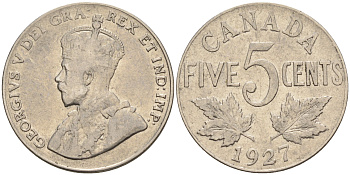 Канада 5 центов 1927 Георг V KM 29 никель    4148-1212