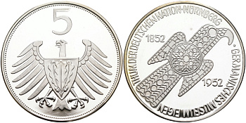 Германия медаль ND 5 марок 1952 года, 100 лет Германскому музею в Нюрнберге, серебрение медно-никель PROOF 06-282-25