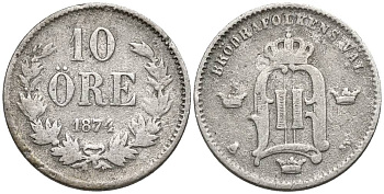 Швеция 10 эре 1874 EB, Оскар II (1872-1907) король Швеции и Норвегии, проба 400 KM 737 серебро 4549-1111