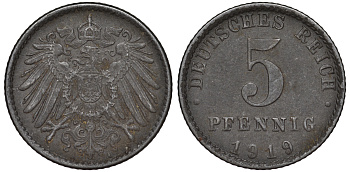 ГЕРМАНИЯ 5 ПФЕННИГОВ 1919 A KM 19, J. 297 железо 45-1163