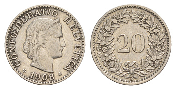 Швейцария 20 раппенов 1908 B KM 29 никель 4643-346