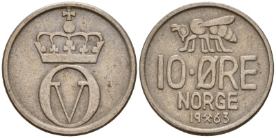 Норвегия 10 эре 1963 Улаф V (1958 - 1991) KM 411 медно-никель 4154-764