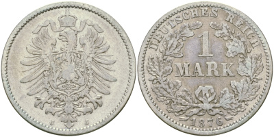 Германия 1 марка 1876 J Weege 17, J. 9, KM 7 серебро 65-123