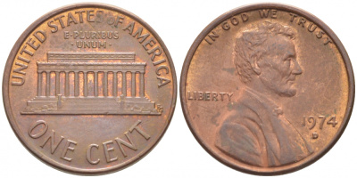 США 1 ЦЕНТ 1974 D, ЛИНКОЛЬН KM 201 медь цинк 105-1052