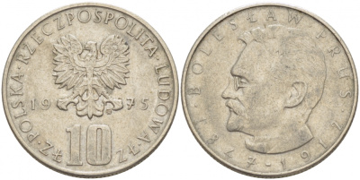 Польша 10 злотых 1975 MW, Болеслав Прус KM 73, Parchimowicz 242a медно-никель 213-815
