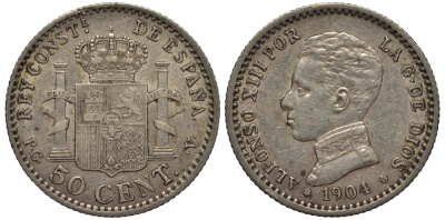 ИСПАНИЯ 50 СЕНТИМО 1904 P.C.V., АЛЬФОНСО XIII KM 723 серебро 413-4342