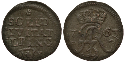 Польша, Эльблонг 1 солид (шеляг) 1763 FLS, Август III Польский (1733-1763), вес 0,47 гр. KM 105 медь 1516-1312