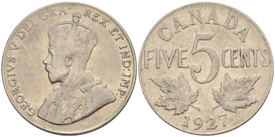 Канада 5 центов 1927 Георг V KM 29 никель    4148-1212