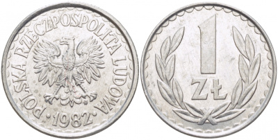 ПОЛЬША 1 ЗЛОТЫЙ 1982 MW KM 49.1 алюминий UNC 3856-1052