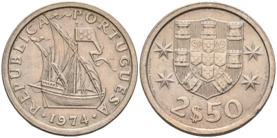 Португалия 2,5 эскудо 1974 парусник KM 590 медно-никель 4115-463
