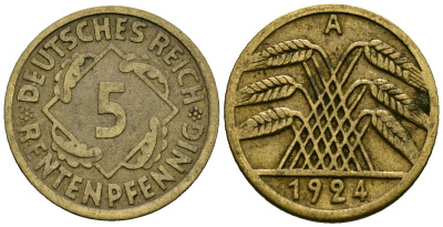 Германия 5 рентенпфеннигов 1924 A KM 32 алюминиевая бронза 4173-1145